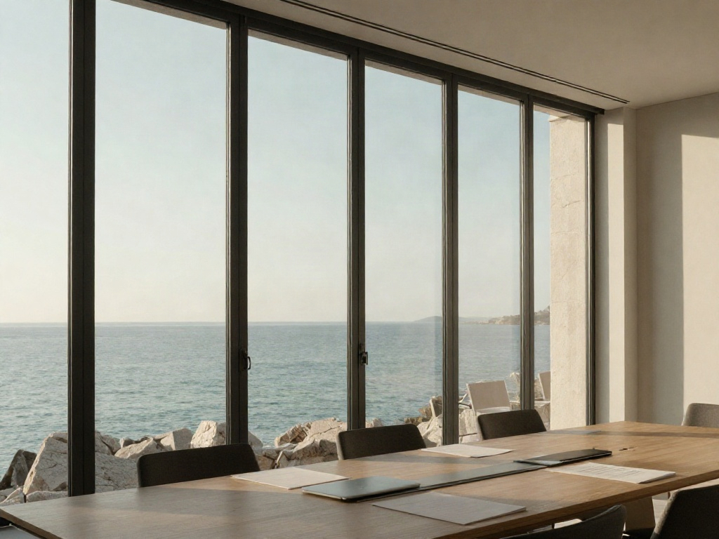 A light-filled executive boardroom with an Adriatic outlook, ready for a strategic business review
